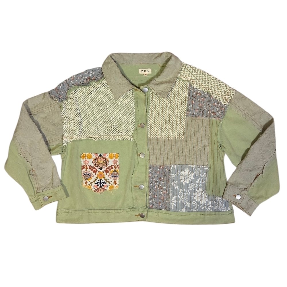 Pol Patchwork Mixed Prints Boho Twill Cotton Button Quilted Jacket Women's Small